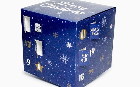 Adventskalender mit 6 Werbeflächen als Würfel 