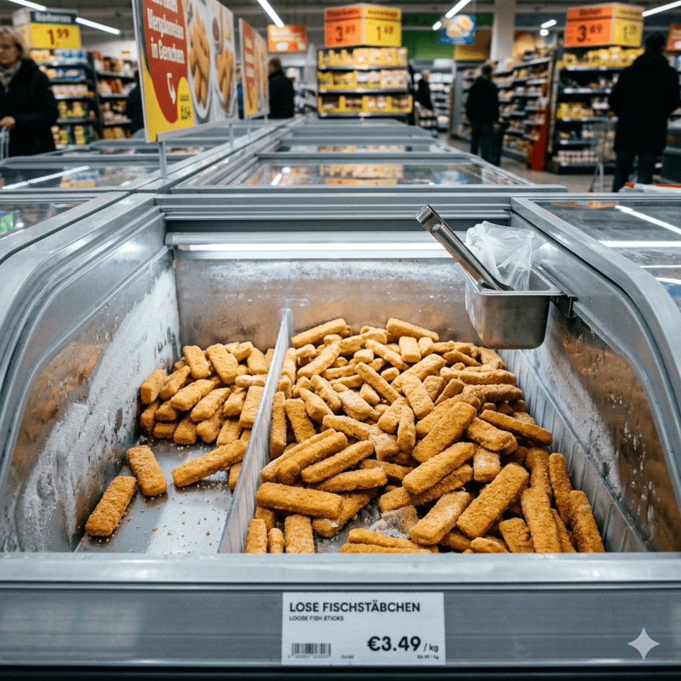 Fischstäbchen ohne Faltschachtel lose in der Kühltruhe Fischstäbchen ohne Faltschachtel lose in der Kühltruhe
