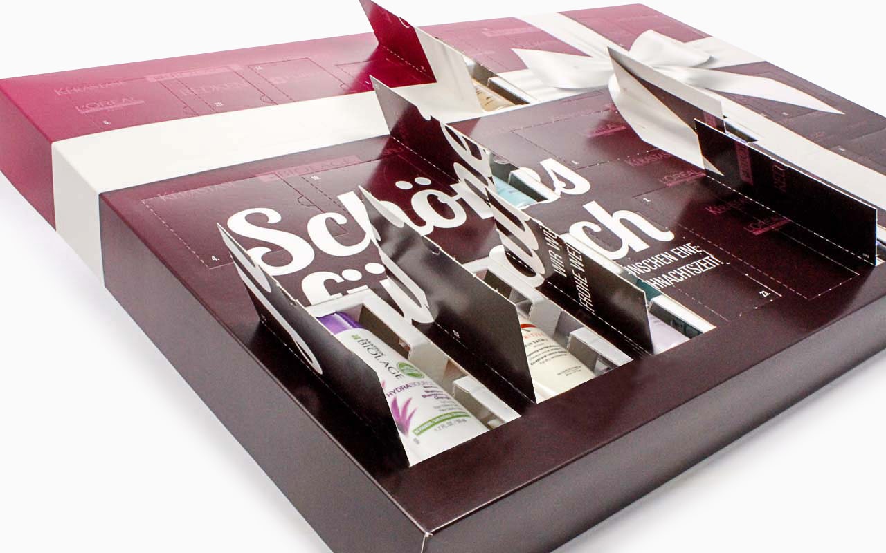 Befüllbarer Adventskalender mit Wellpappinlay für Haarkosmetik