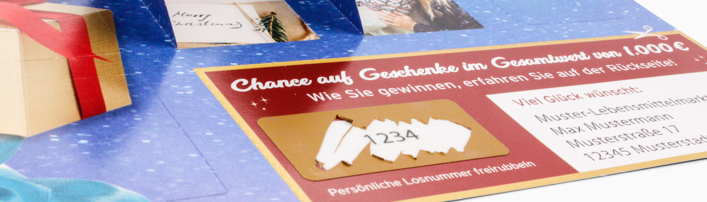 Türchenkalender Adventskalender mit Gewinnnummer und Rubbelfeld